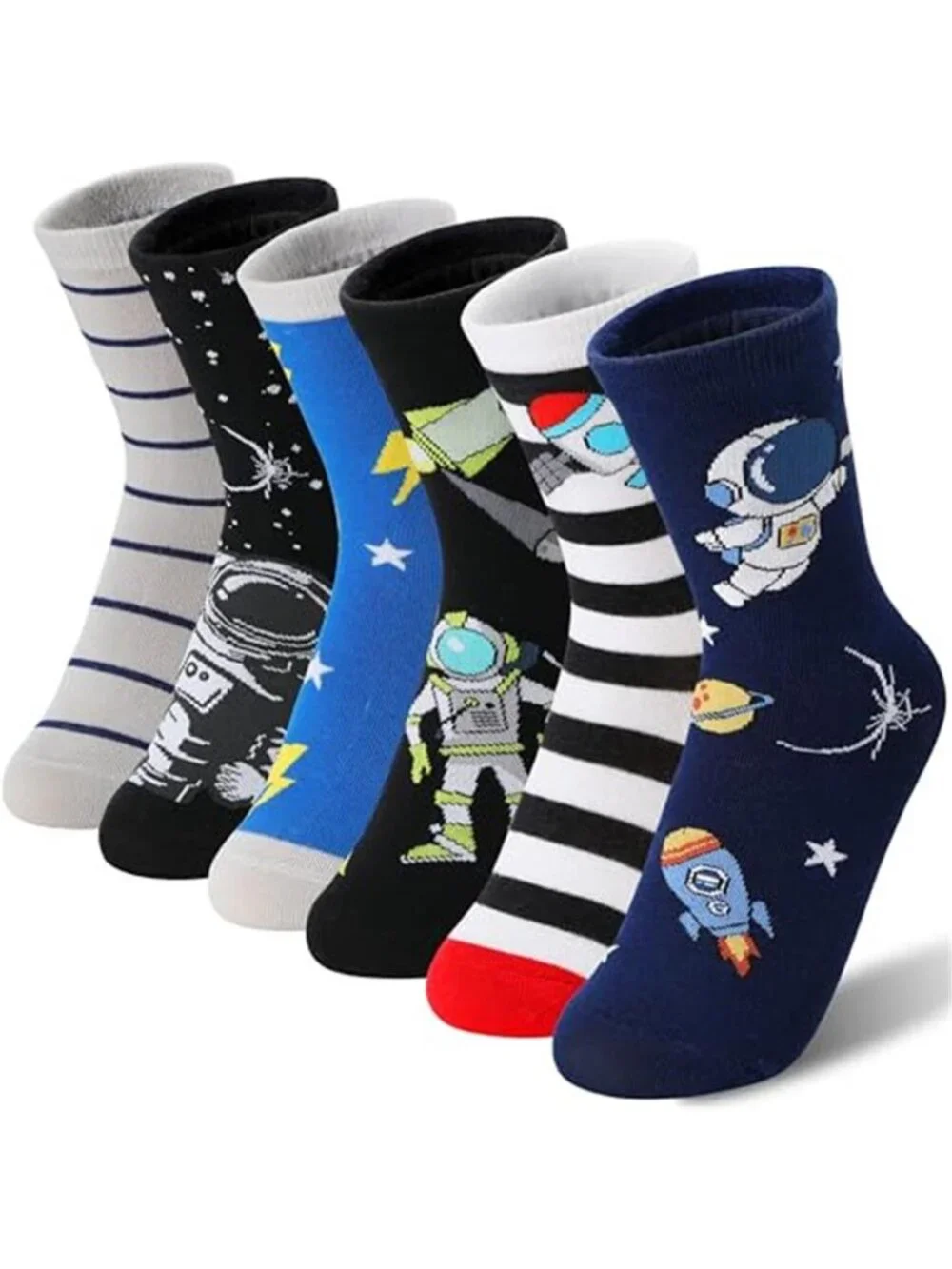 6 Pairs Kids Boys Fun Cotton Crew Socks Funny Crazy Cartoon Novelty Space